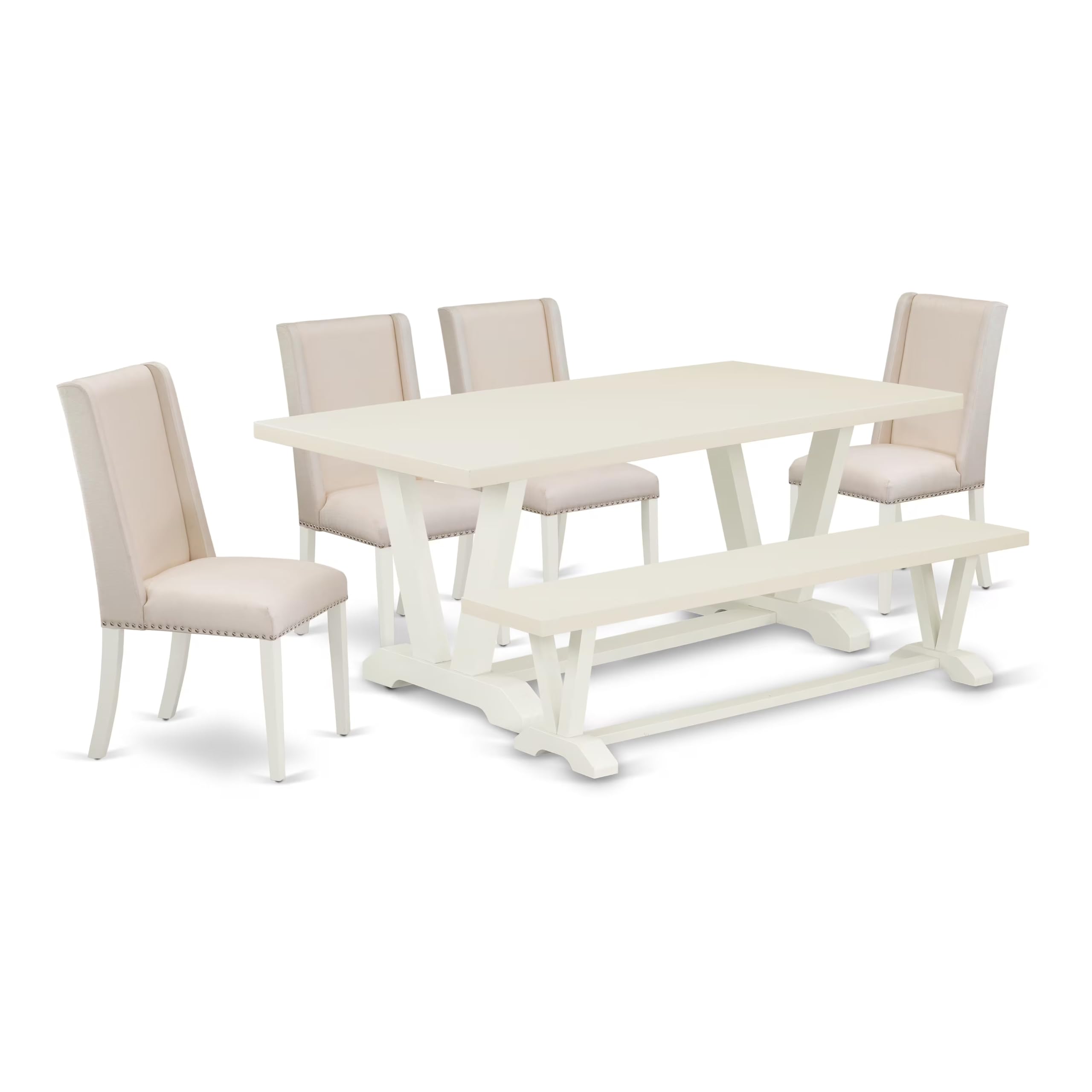 East West Furniture V027Fl201-6 6 Piece Dining Room Set Contains A Rectangle Dining Table With V-Legs And 4 Cream Linen Fabric Parson Chairs With A Bench, 40X72 Inch, Multi-Color